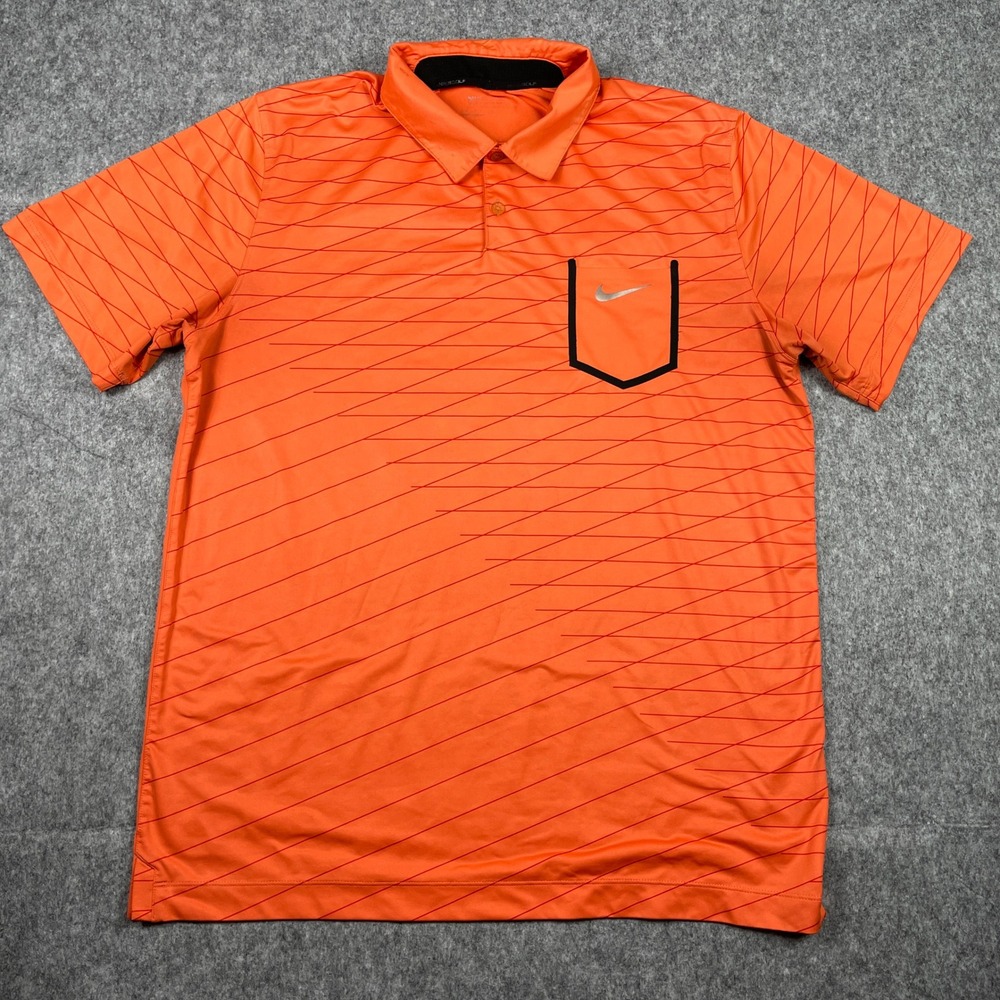 Nike Golf Polo Shirt Mens Large Orange Tour Performance Dri-FIT Striped Pocket